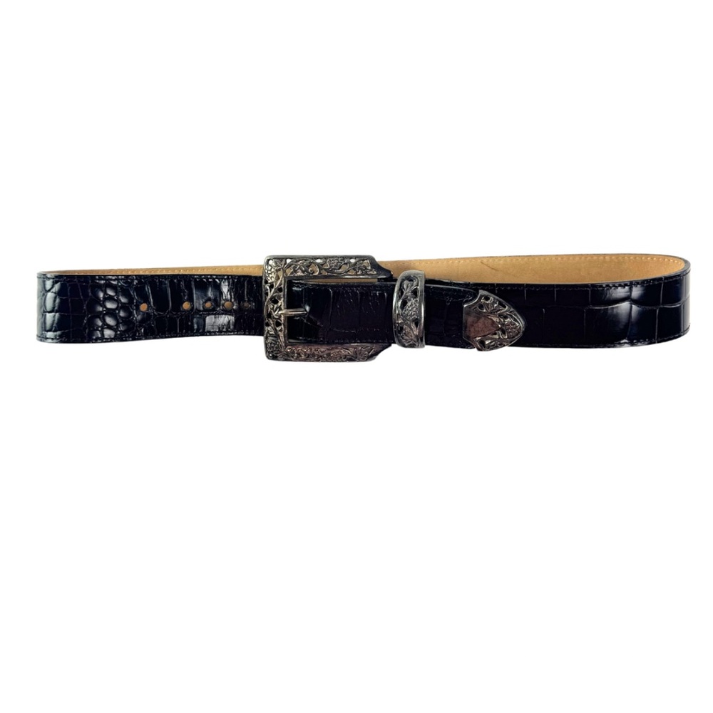 Streets Ahead Vintage Black‎ Crocodile Leather Belt with Silver Buckle - Size M